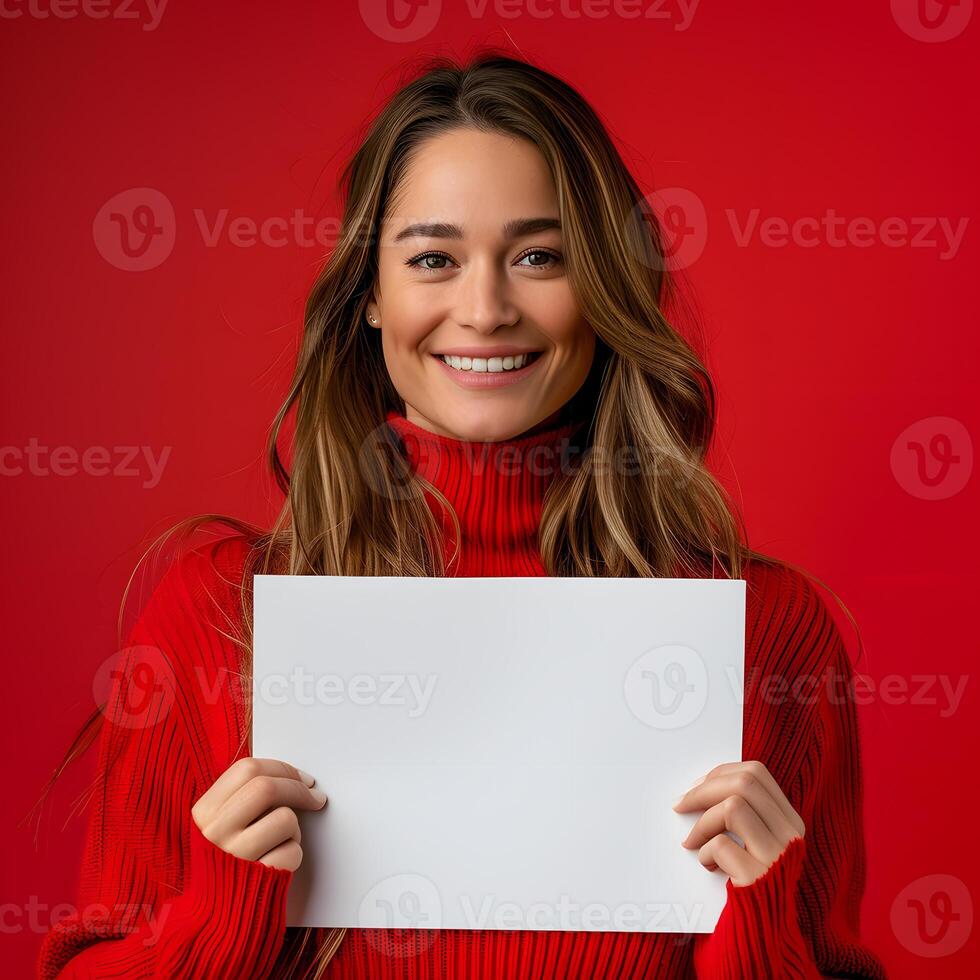 Woman with red sweater smiling, holding white sign photo