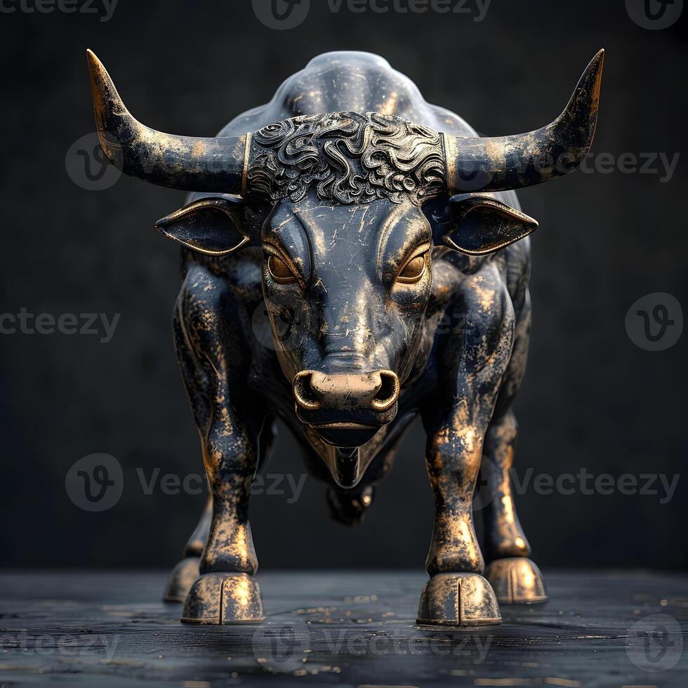A sculpture of a bull with long horns stands on a table photo