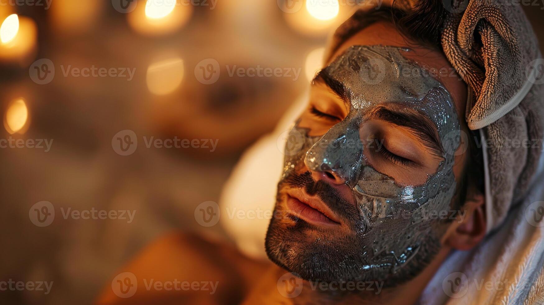 A male is indulged in a spa treatment, with a calming facial mask applied. Soft candlelight creates a serene atmosphere, enhancing the overall relaxation experience. photo