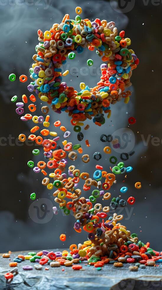 Floating Cereal Rings Form Artistic Number Nine in Midair photo