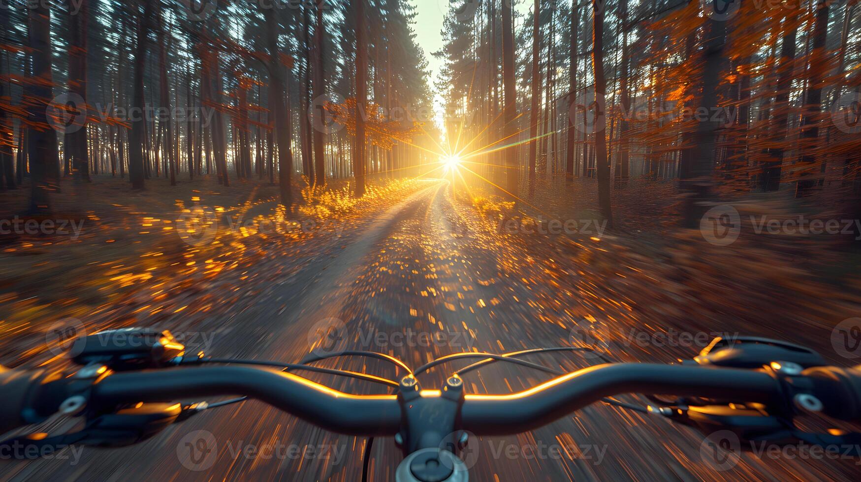 Riding a bicycle down forest road at sunset, light shining on handlebar photo
