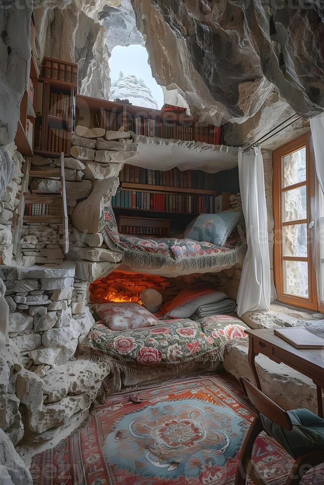 A room in a cave with a bed, bookshelf, and painting on the bedrock wall photo