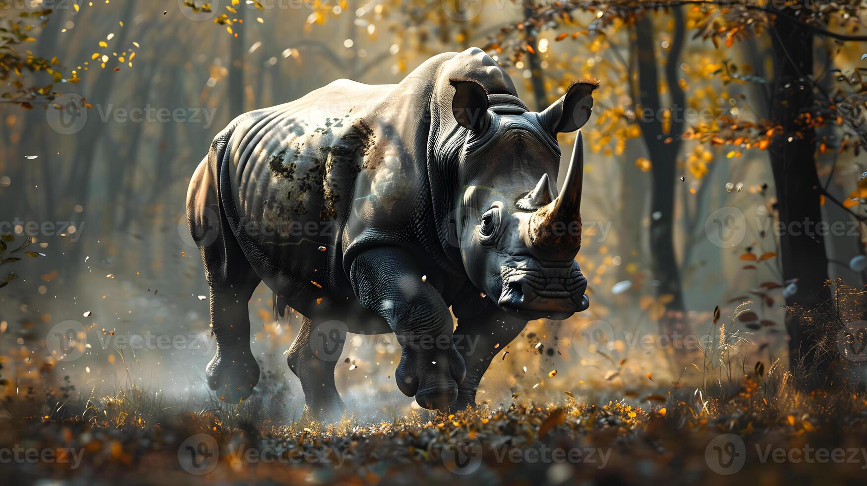A rhinoceros walks through a forest, its horn barely visible among the trees photo