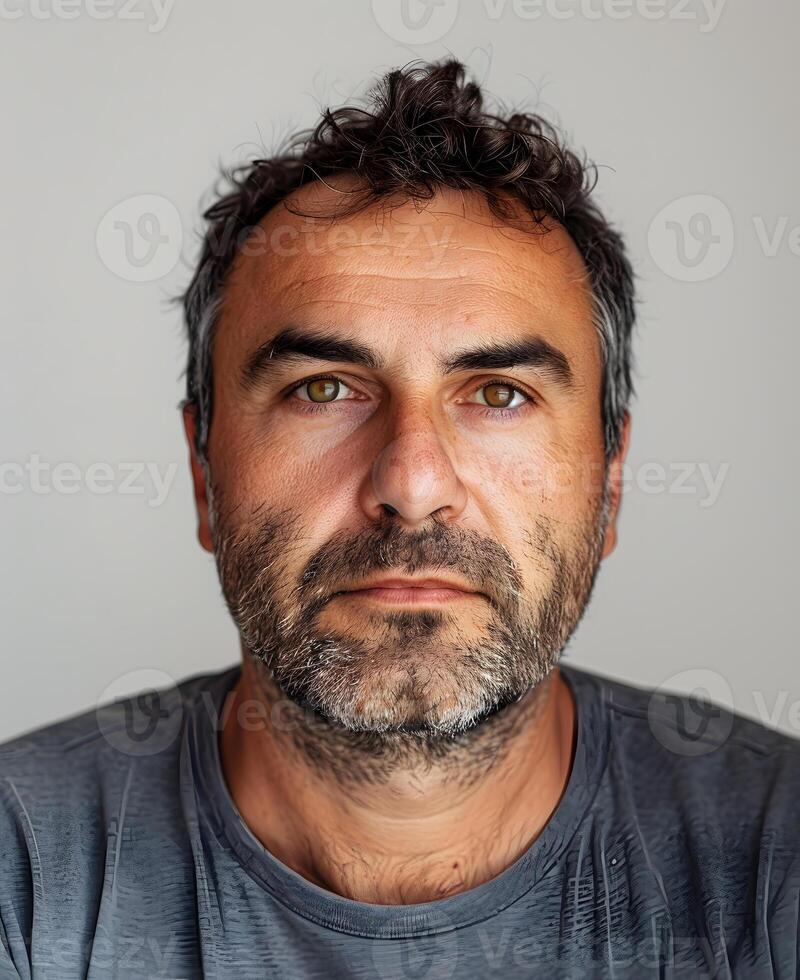 Man in gray shirt with beard, looking at camera with visible collar and sleeves photo