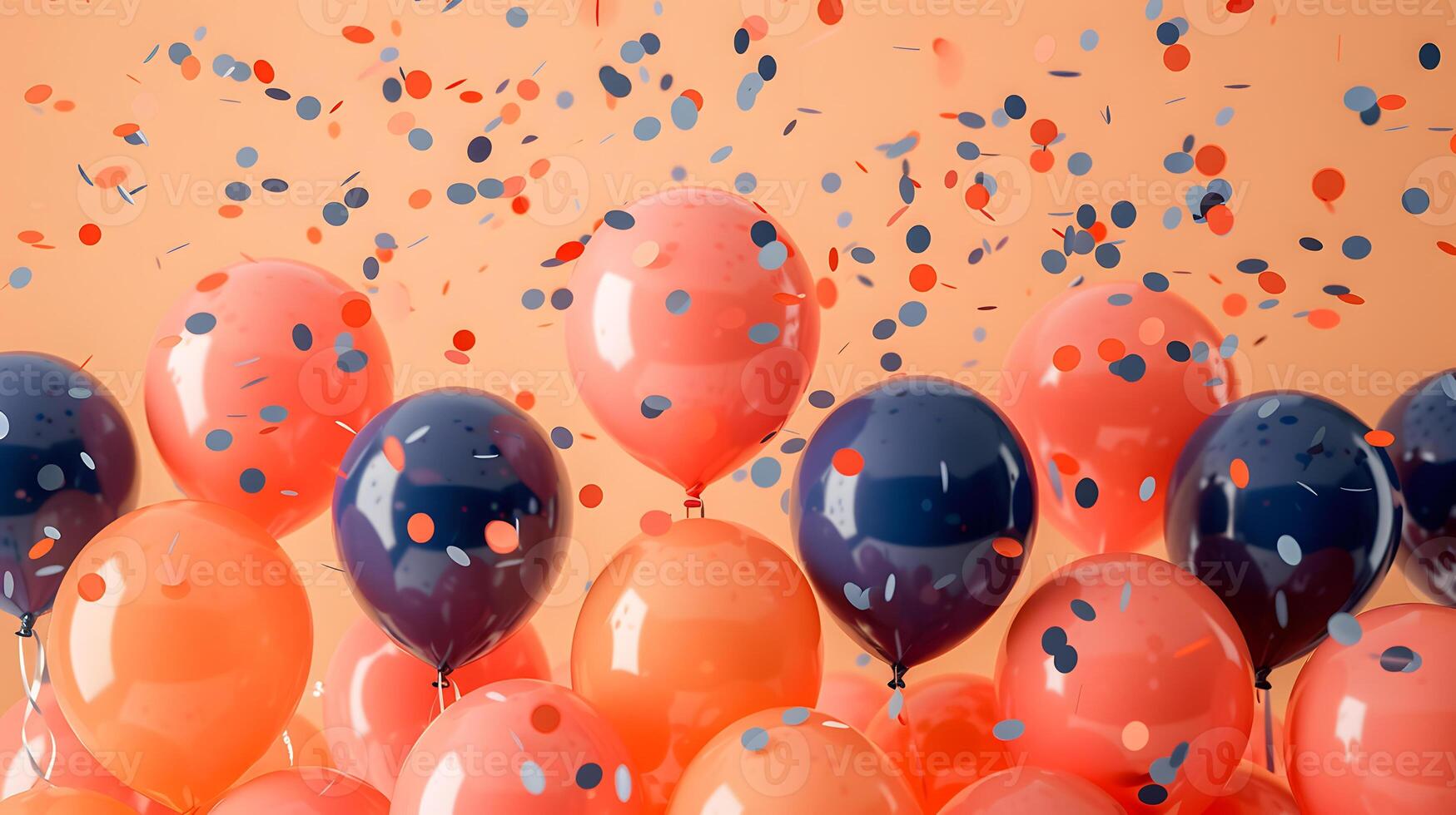 Electric blue balloons and orange confetti float in the air photo