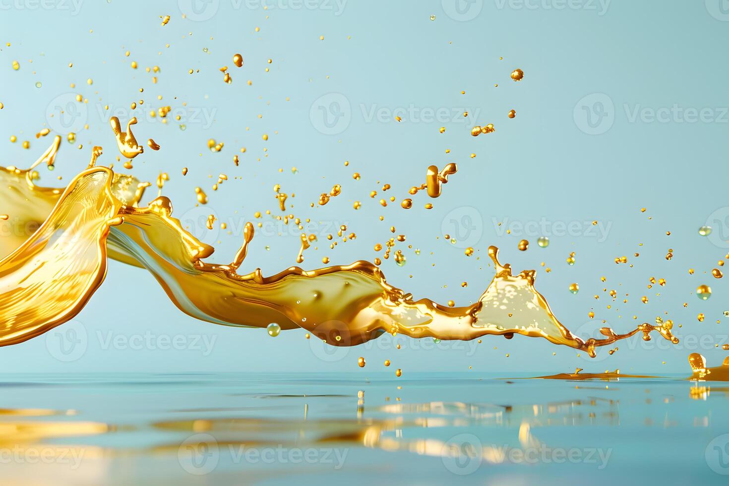 Golden Liquid Splash on Blue Background, Dynamic Movement photo