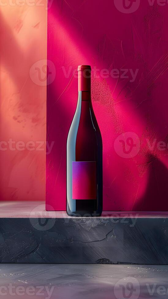 Glass bottle of violet liquid displayed on pink shelf photo