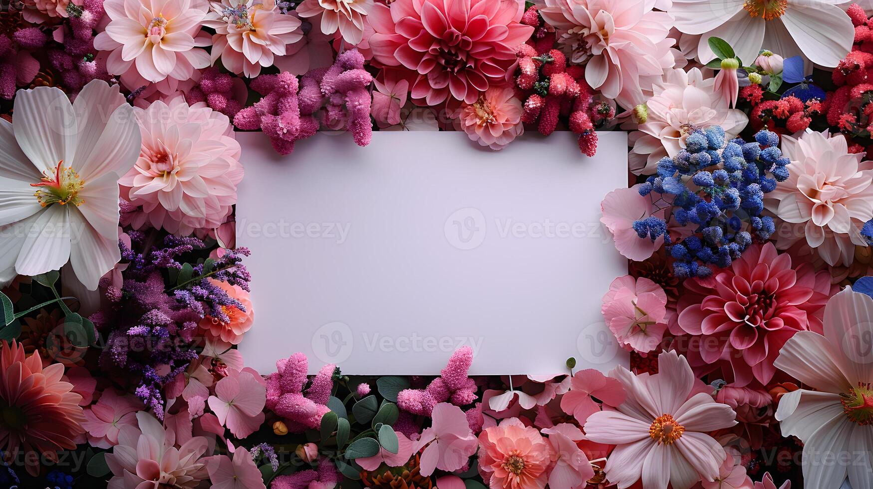 A white card is framed by pink and purple flowers photo