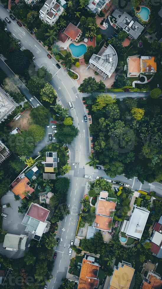 Aerial View of Residential Area with Roads and Greenery photo