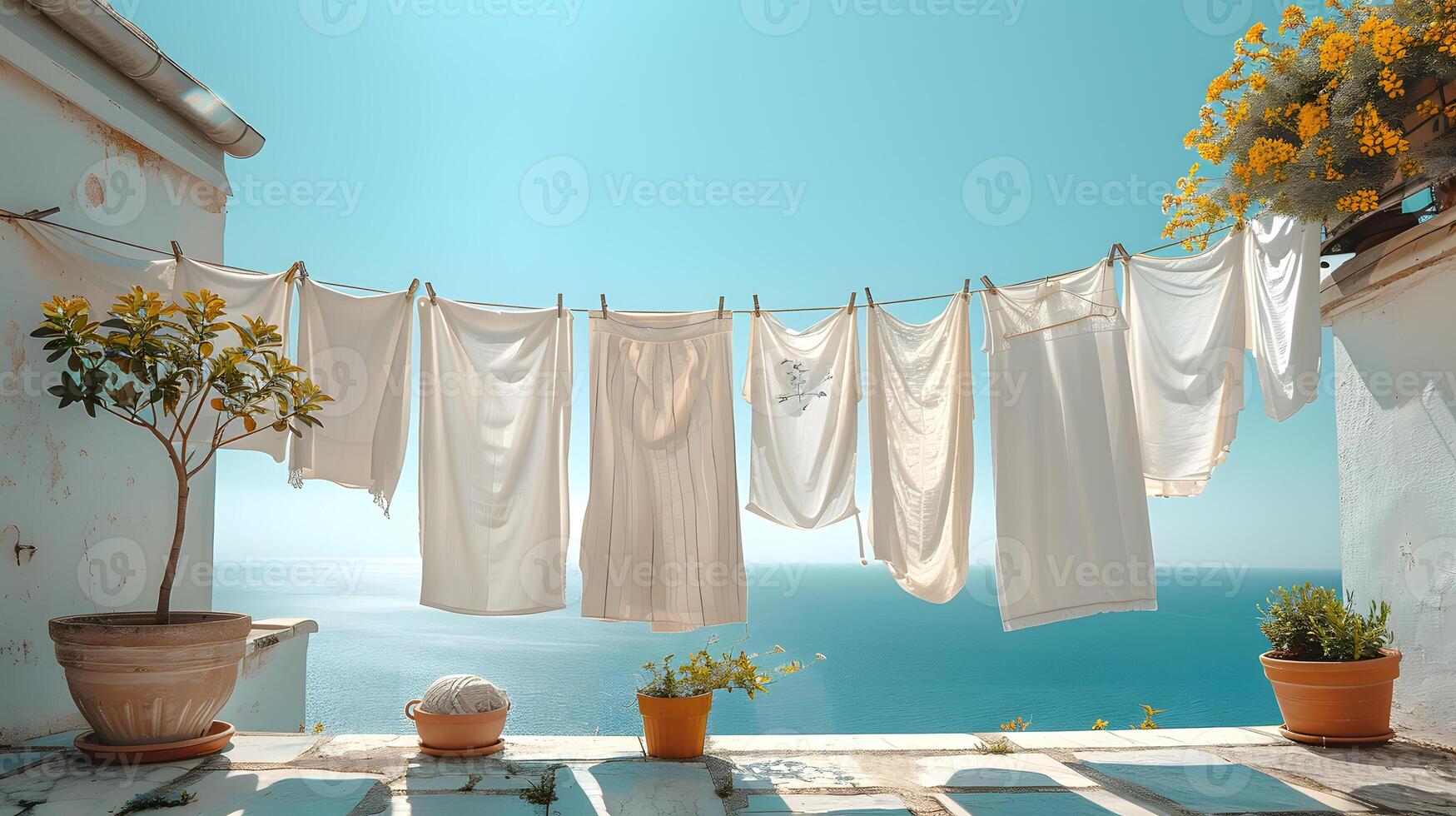 Sunlit Laundry Hanging Beside Sea with Flowers and Potted Plants photo
