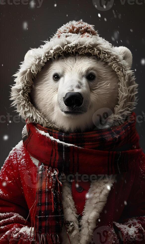 A polar bear in red outerwear stands in snowy terrain photo