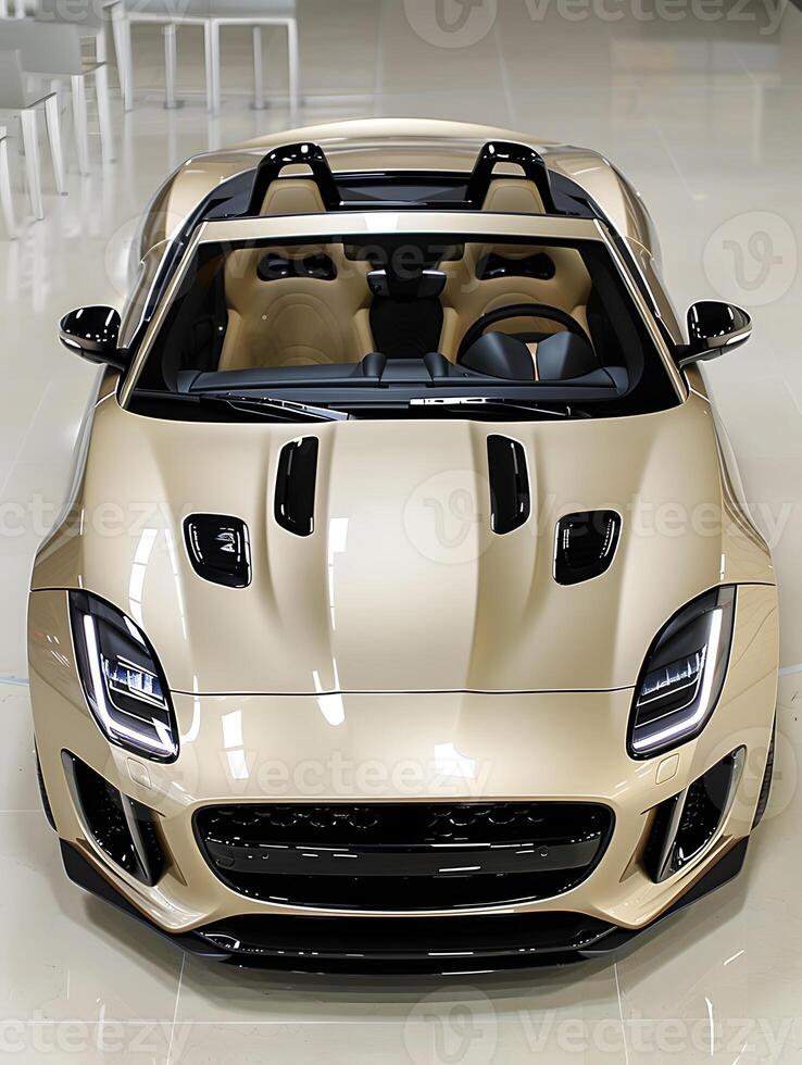 Luxury Gold Convertible Sports Car in Modern Showroom photo