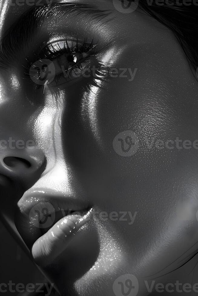 Closeup of a womans face showing emotion with a tear rolling down her cheek photo