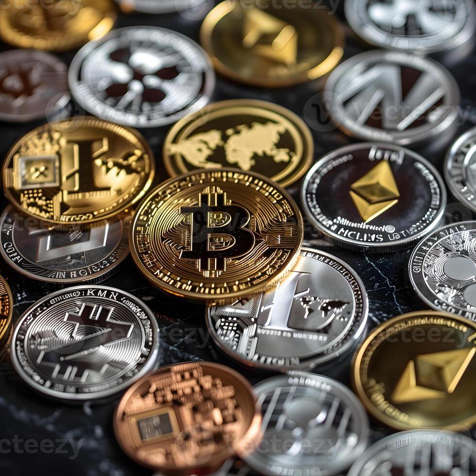 Collection of Various Cryptocurrency Coins on Dark Surface photo