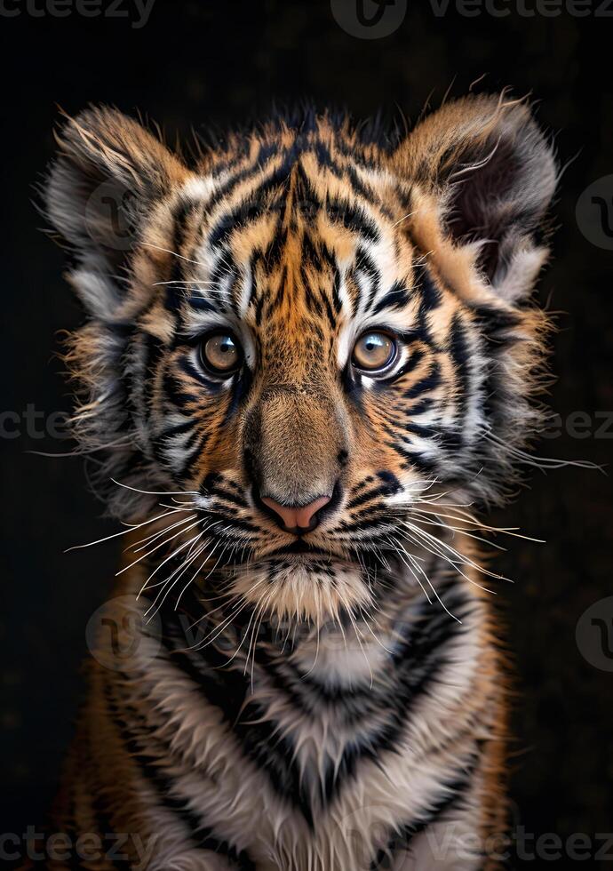 Close-Up Portrait of a Young Tiger Cub on Black Background photo