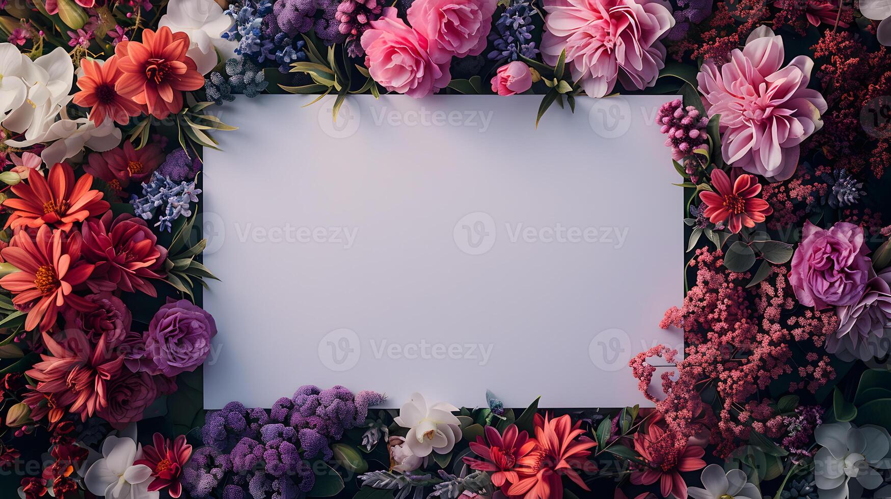 A vibrant arrangement of flowers surrounding a white sheet of paper photo
