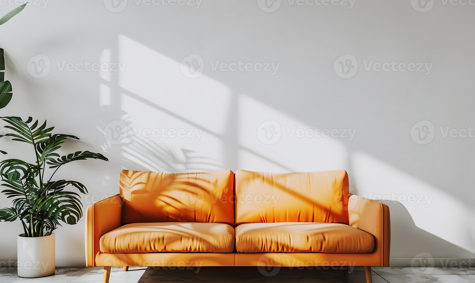 Modern Living Room with Bright Orange Sofa and Green Plant photo