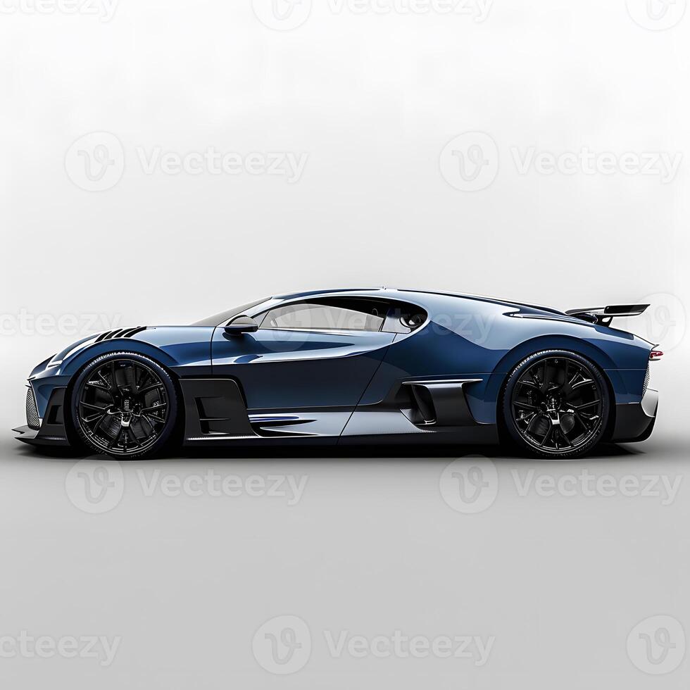 A blue sports car with alloy wheels is parked on a white surface photo