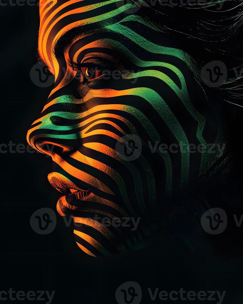 Vibrant Face with Striking Light Patterns on Dark Background photo