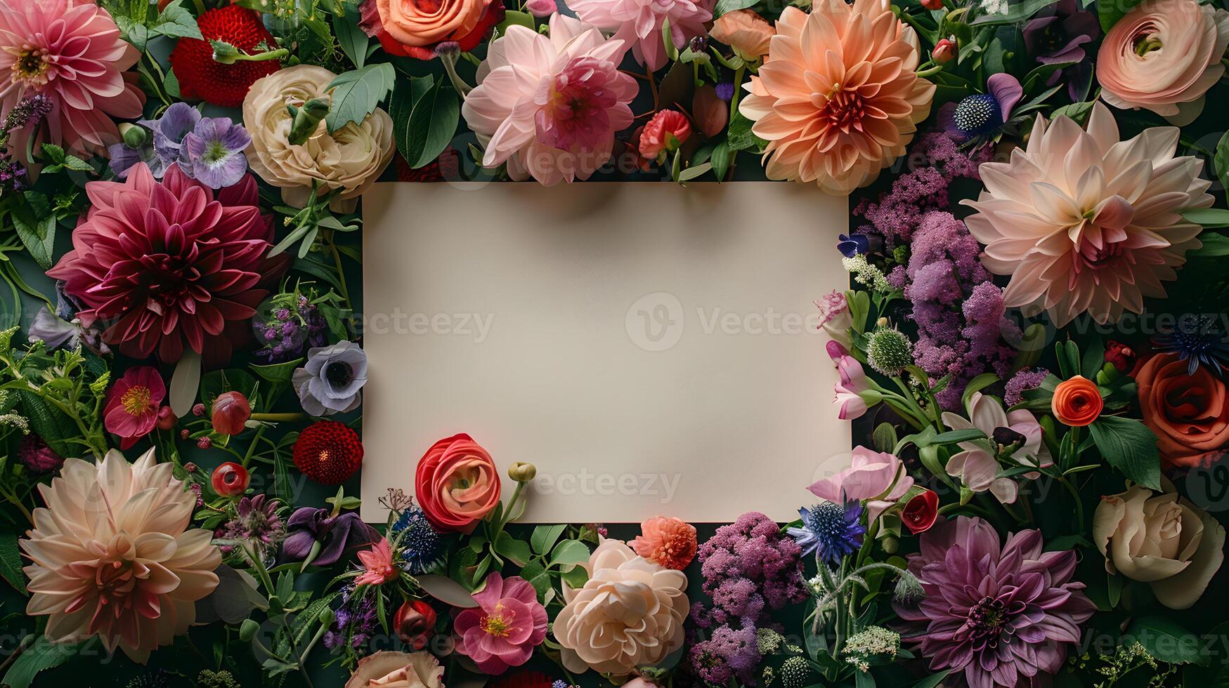 A white card is embellished with a vibrant bouquet of flowers and leaves photo
