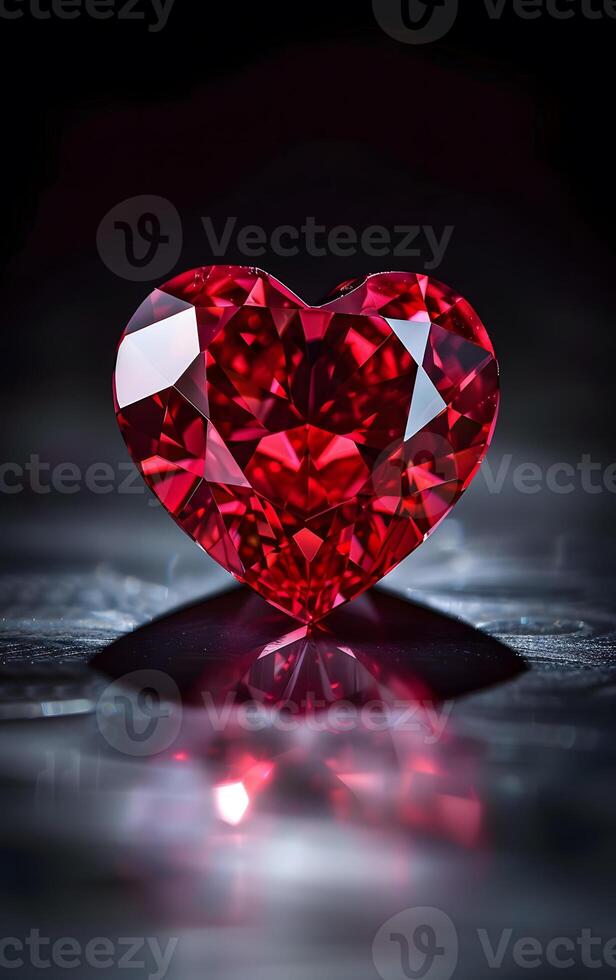 Heart Shaped Ruby Gemstone on Reflective Surface Close-Up photo