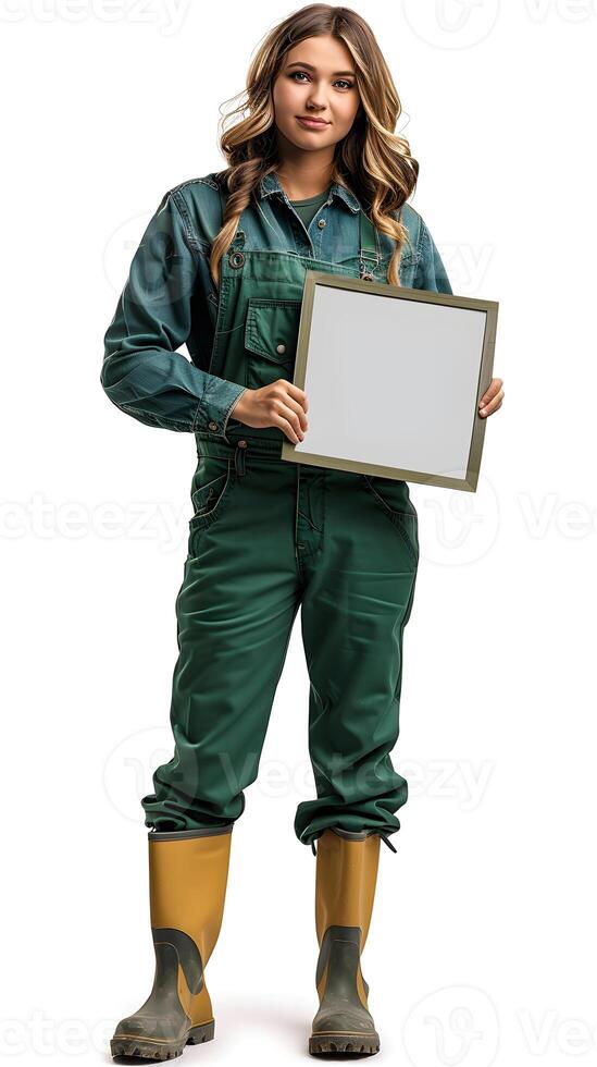 Woman in green outerwear and yellow boots holds frame, smiling photo
