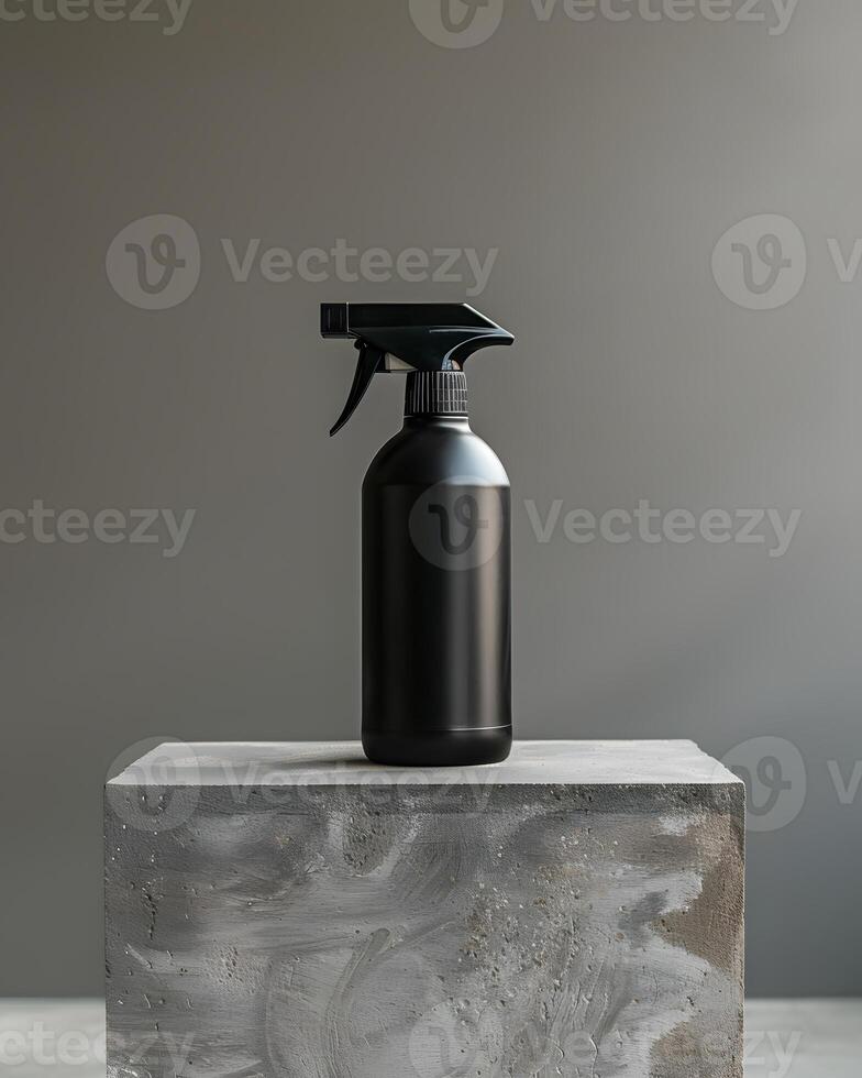 Plastic bottle with black liquid on grey concrete block photo