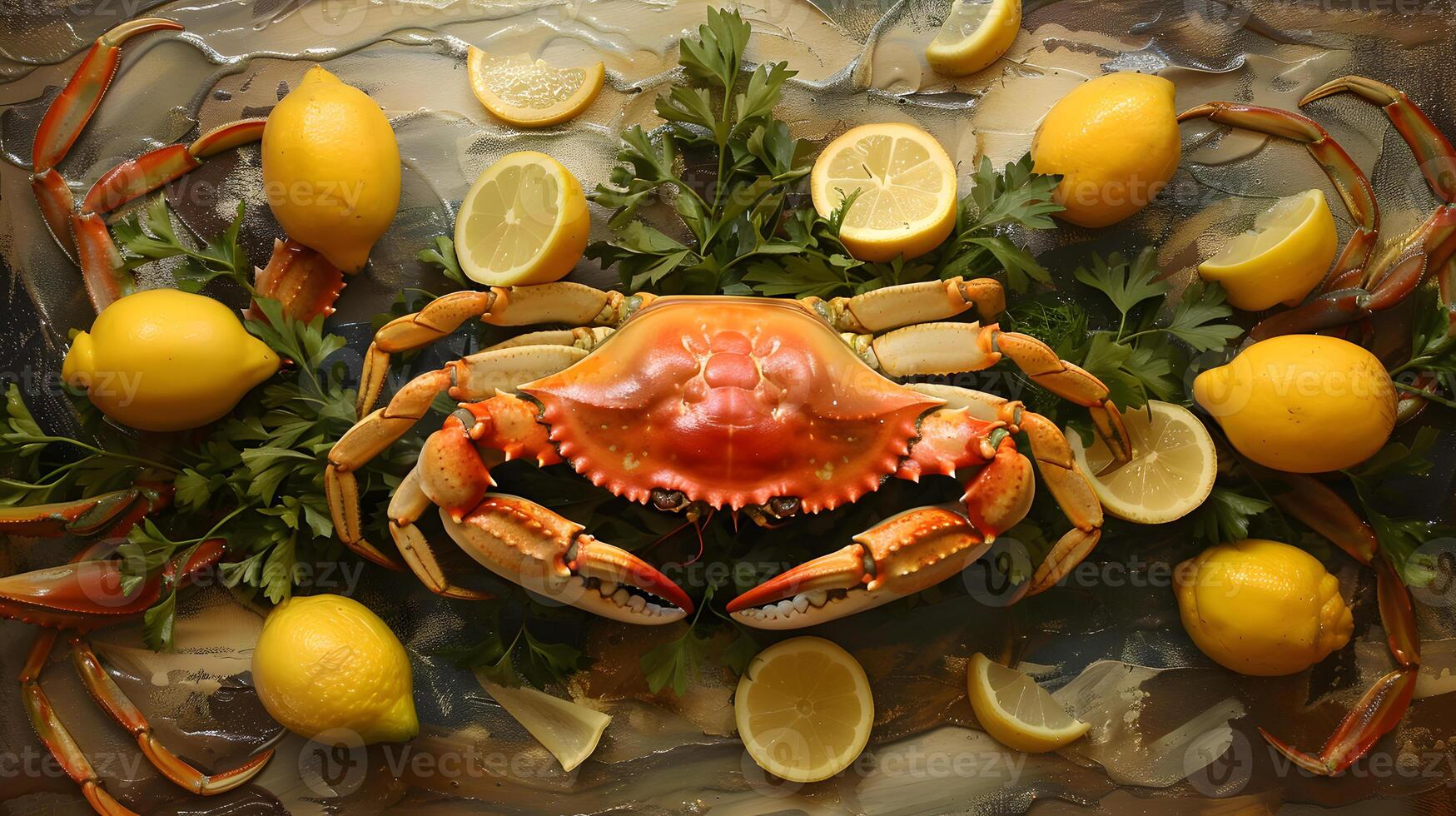 Fresh Crab with Lemons and Greens, Perfect Seafood Platter photo
