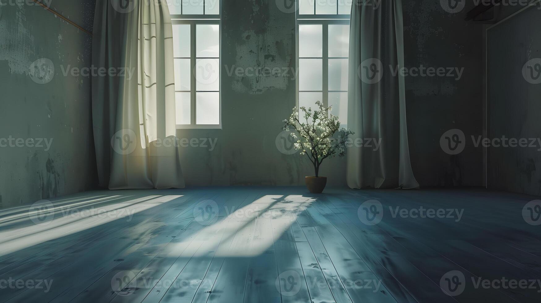 Sunlit Abandoned Room with Plant and Vintage Windows photo