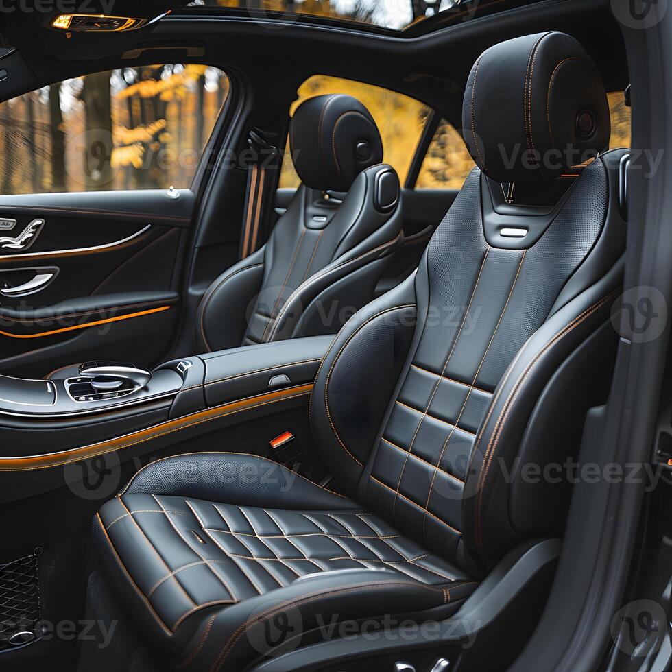 Vehicle with black leather seats and sunroof, luxurious automotive design photo