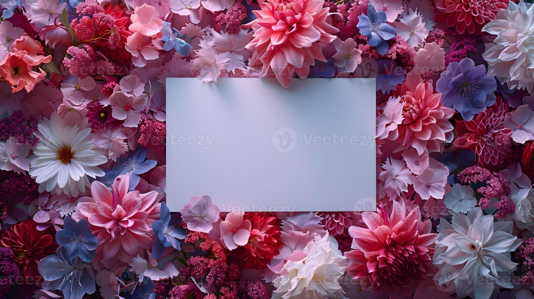 A white card adorned with pink and purple flowers photo