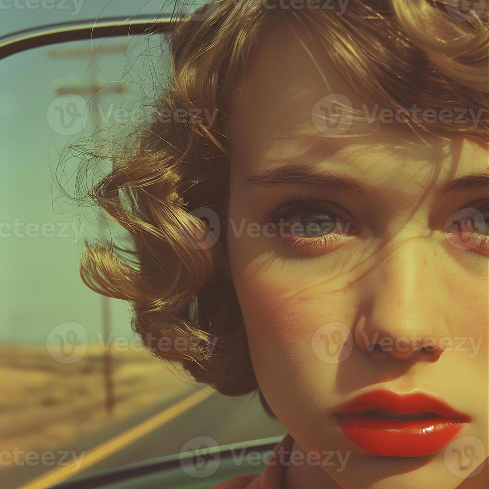 a close up of a woman s face with red lips photo
