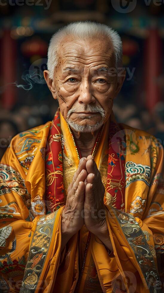 A man with a yellow robe prays, hands folded, happy moustache, in tranquil event photo