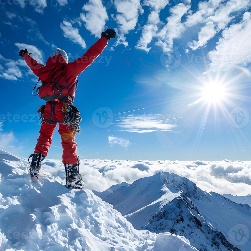Person on snowy mountain peak with arms raised in celebration photo