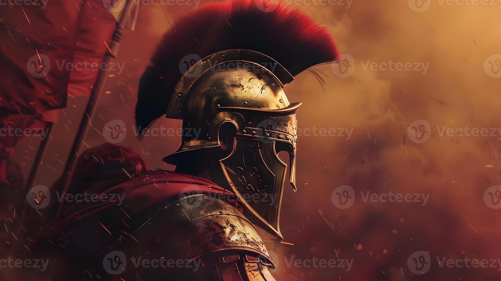 Ancient warrior in battle armor with helmet in smoke photo