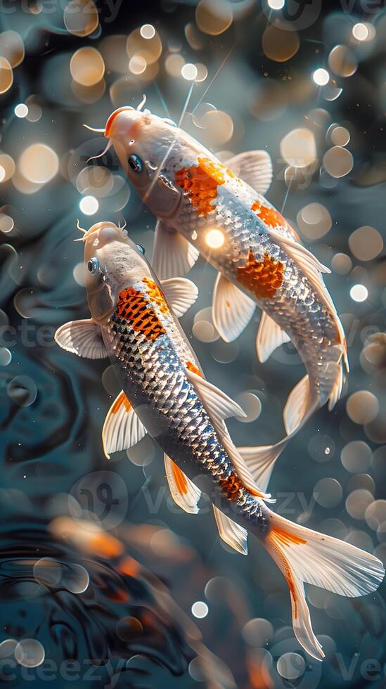 Two electric blue koi fish gracefully swim in liquid photo