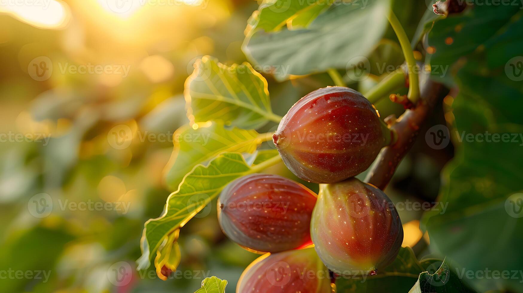 CloseUp of Ripe Figs on a Tree Branch during a Beautiful Sunset photo