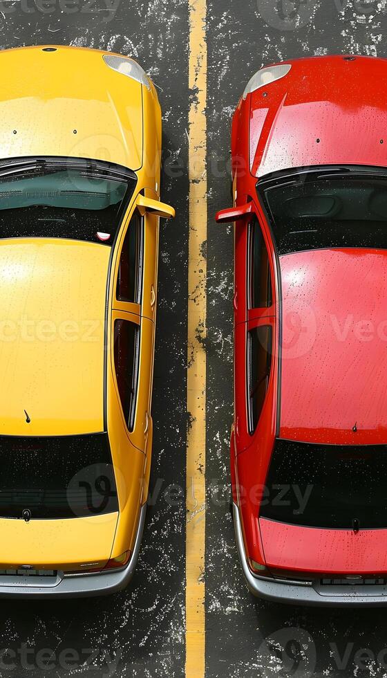 A yellow vehicle and a red vehicle are parked side by side photo