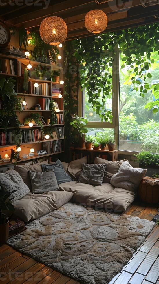 Cozy Reading Nook with Cushions and Bookshelves by the Window photo