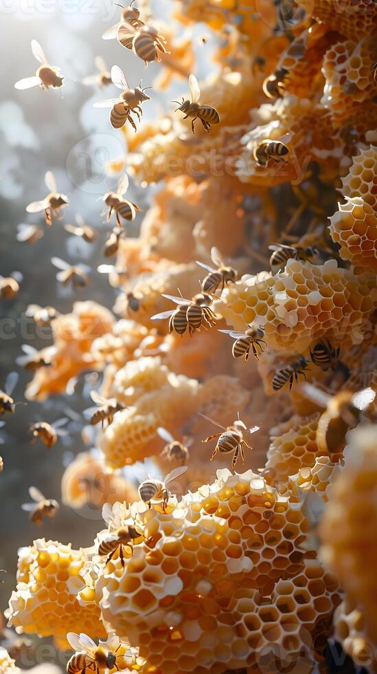 A closeup view showing bees on a honeycomb under the sunlight photo