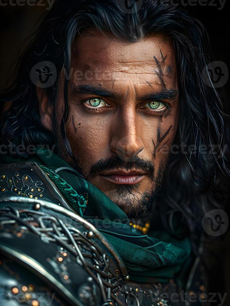 A man with long black hair and green eyes in armor photo