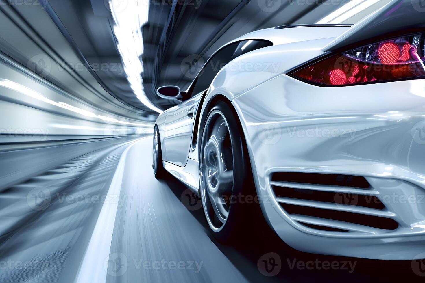 White car with sleek design speeds through tunnel on tires photo