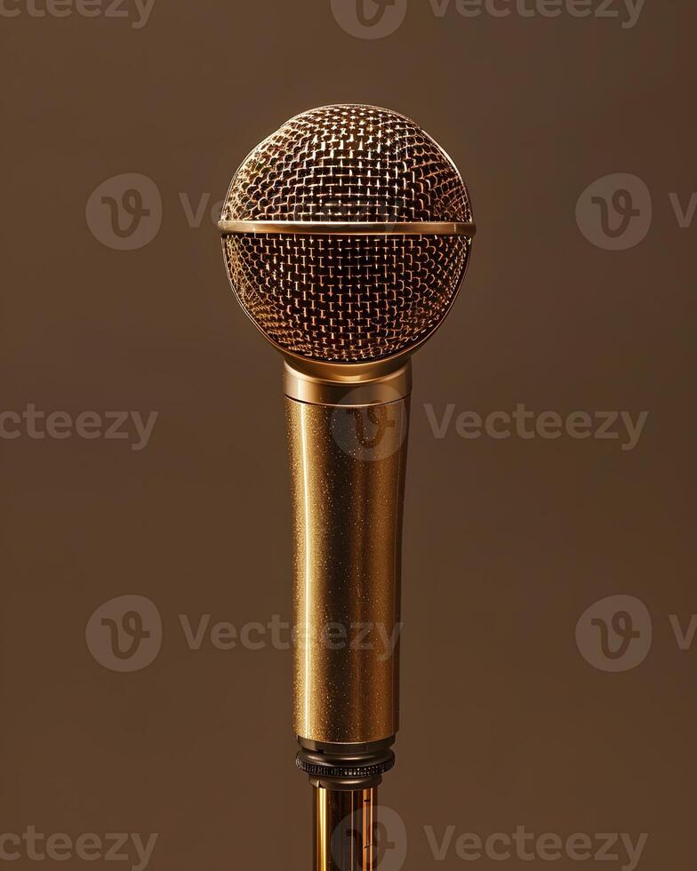 Close up of a gold microphone on a stand, hightech audio equipment for events photo