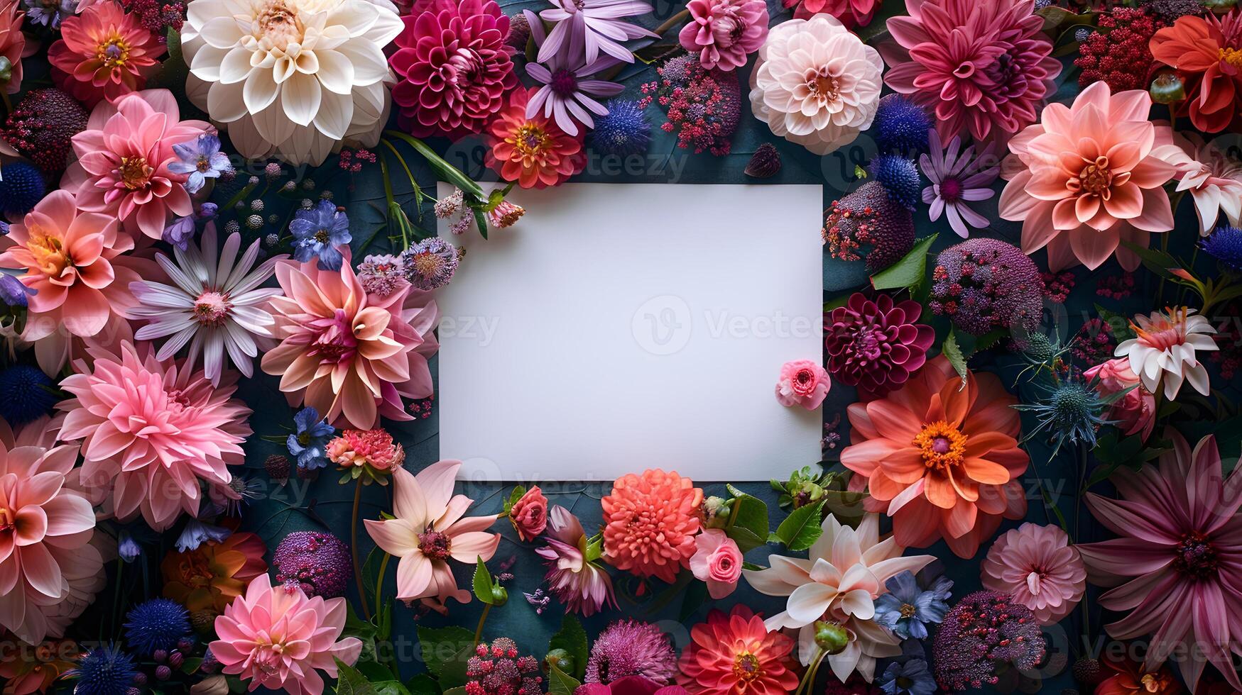 White card amidst pink flowers in vibrant garden setting photo