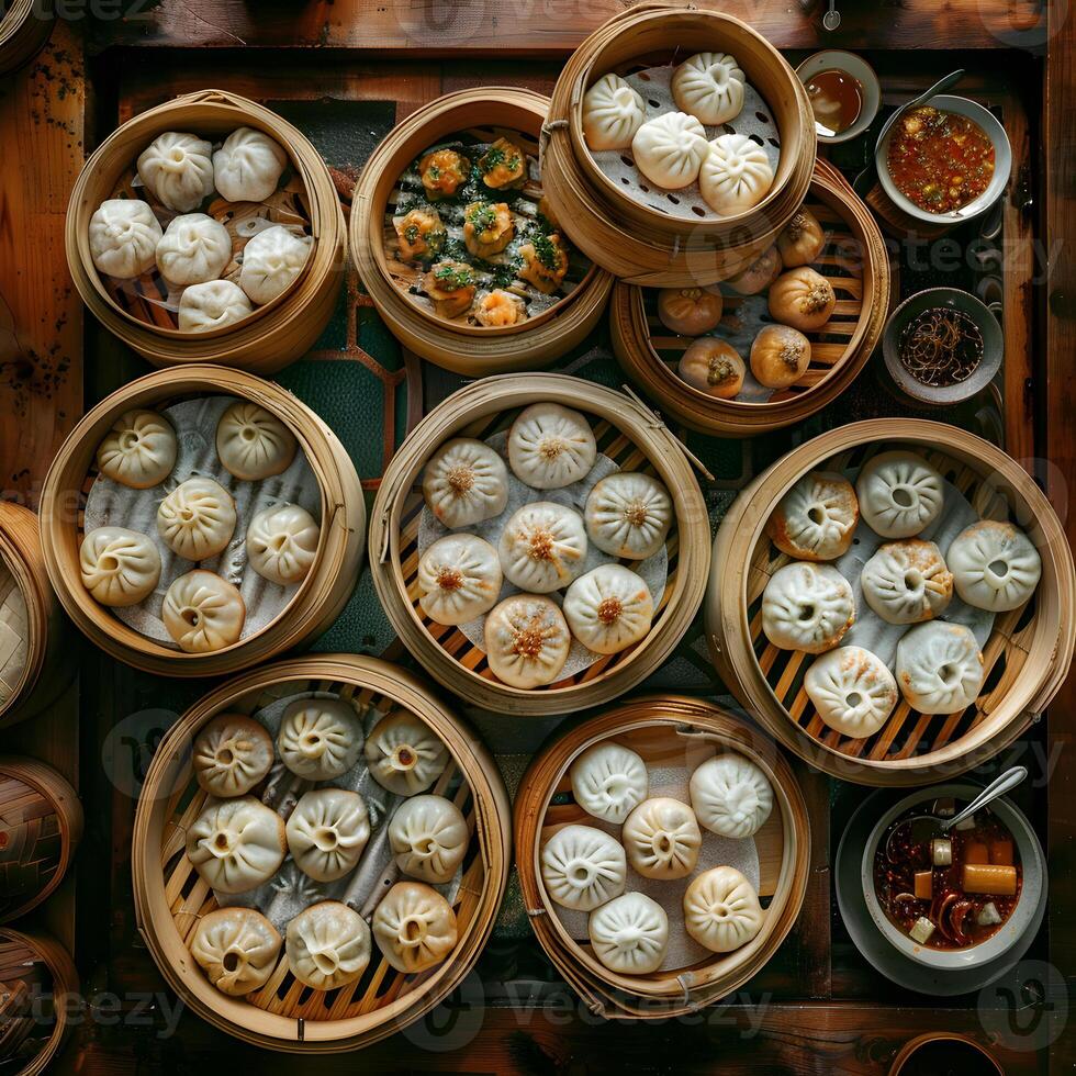 A photograph of delicate dim sum in bamboo baskets on a wood table photo