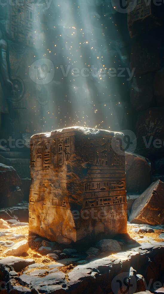 Ancient stone monolith with engraved symbols in sunlight photo