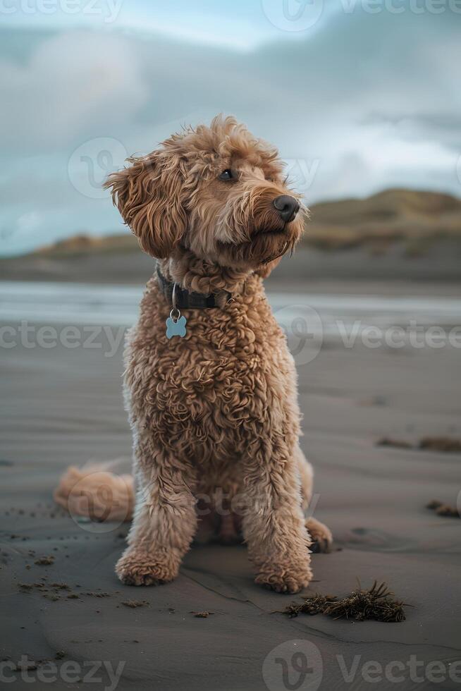 Cute Labradoodle Puppy Sitting on a Sandy Beach at Sunset photo