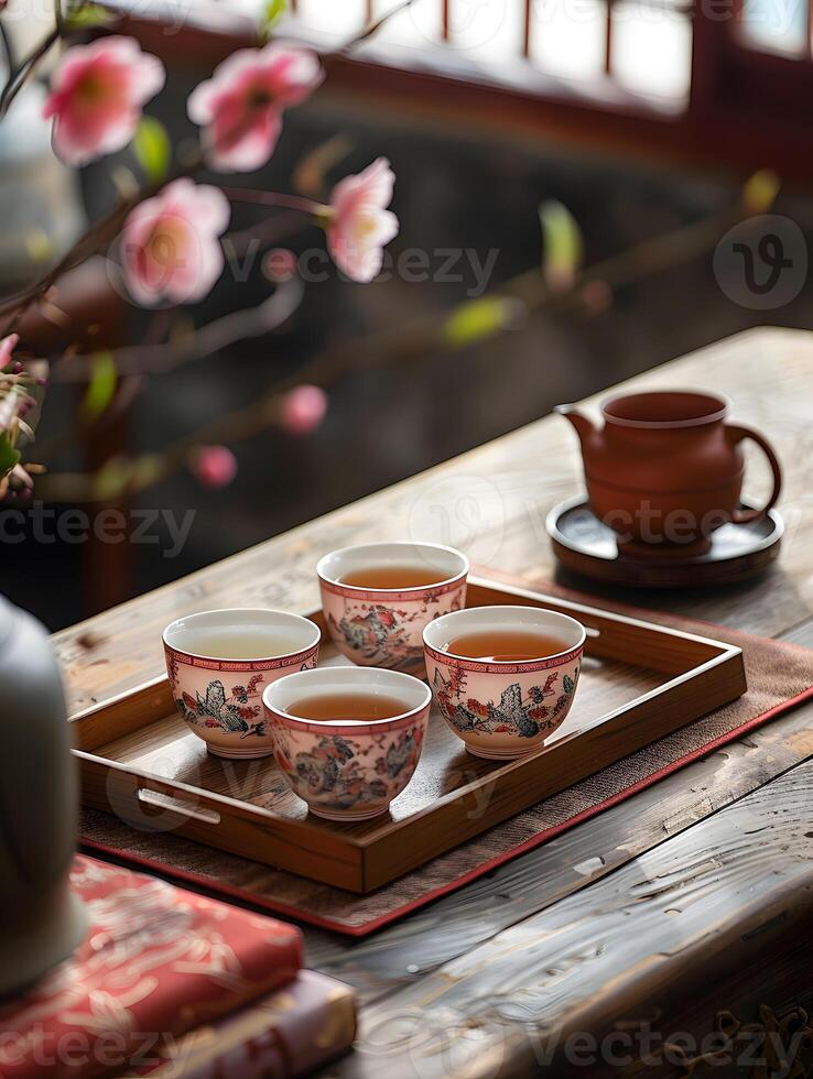Four cups of tea displayed on a wooden tray on a table photo