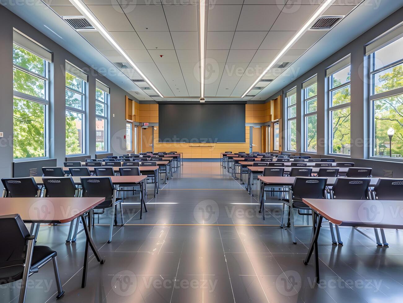 Modern Classroom with Large Windows and Natural Lighting photo