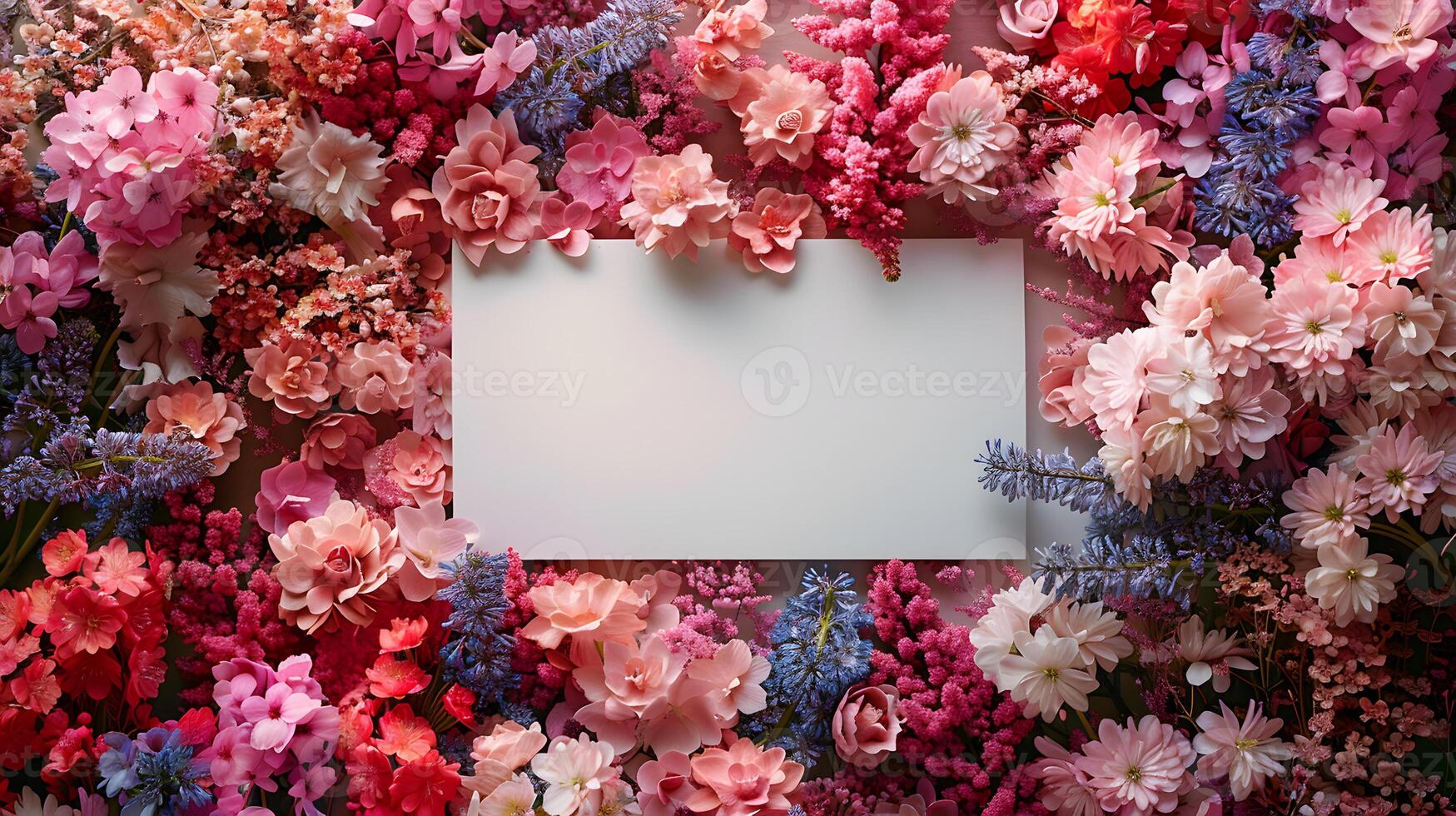 A white card is surrounded by colorful flowers, showcasing the beauty of nature photo